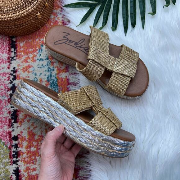 Zodiac Tan Silver Metallic Slip On Chunky Woven Boho Izzy Platform Sandal 9.5 - Picture 1 of 10